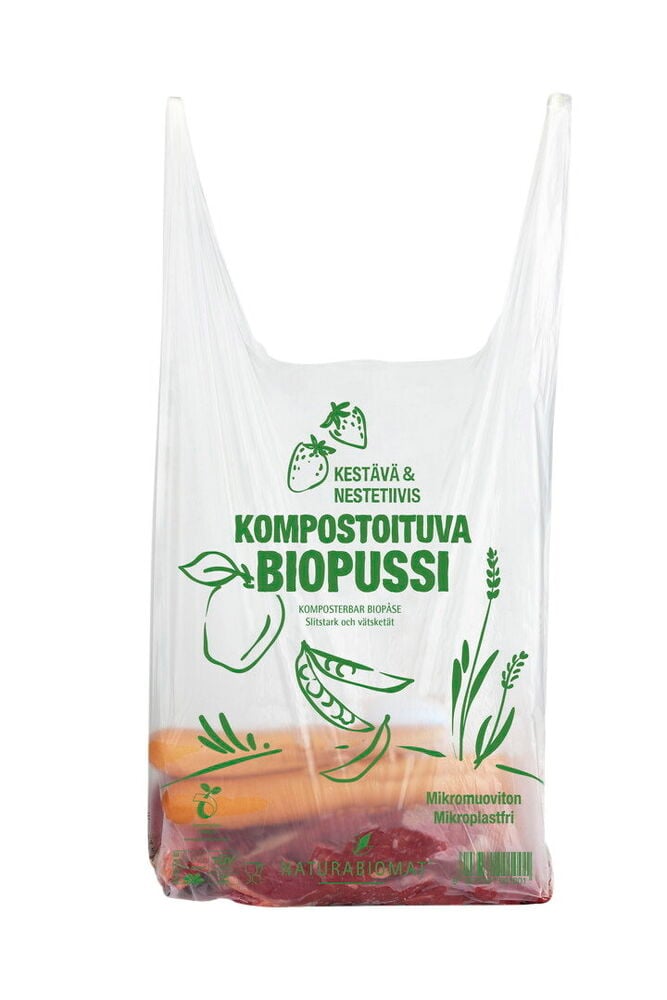 Läpinäkyvä kompostoituva pussi vihreällä tekstillä ja kahvoilla.