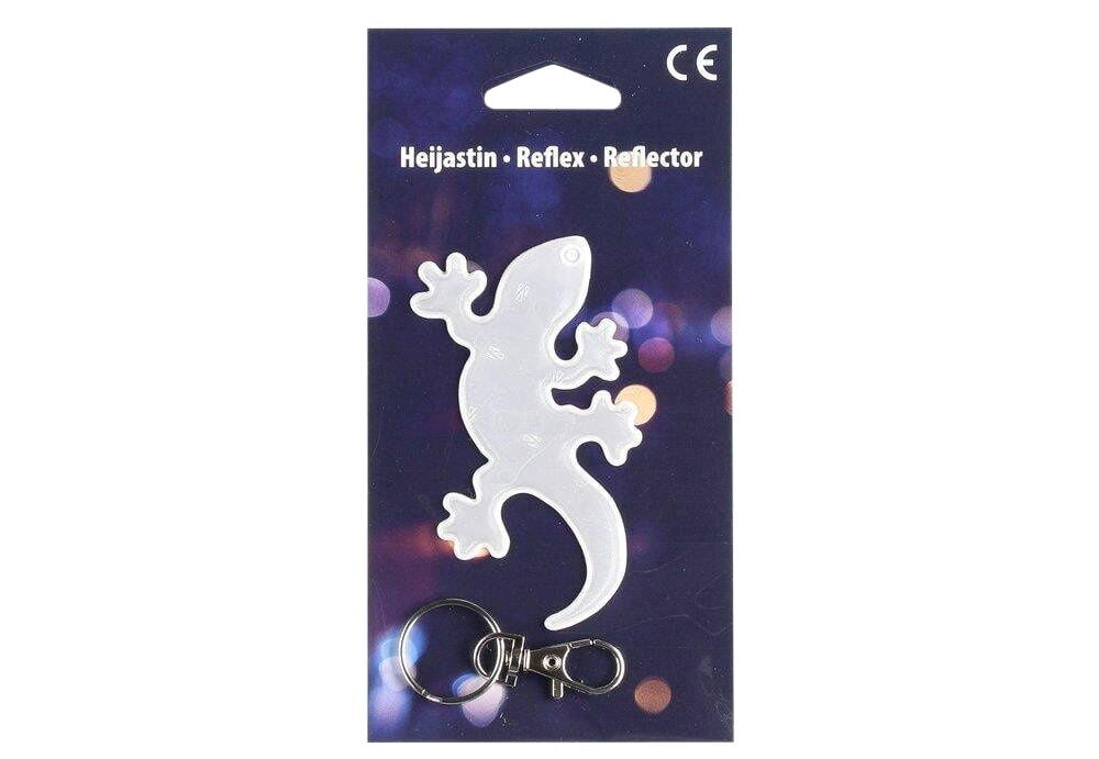 Eläimen muotoinen heijastin pakkauksessa avaimenperällä.