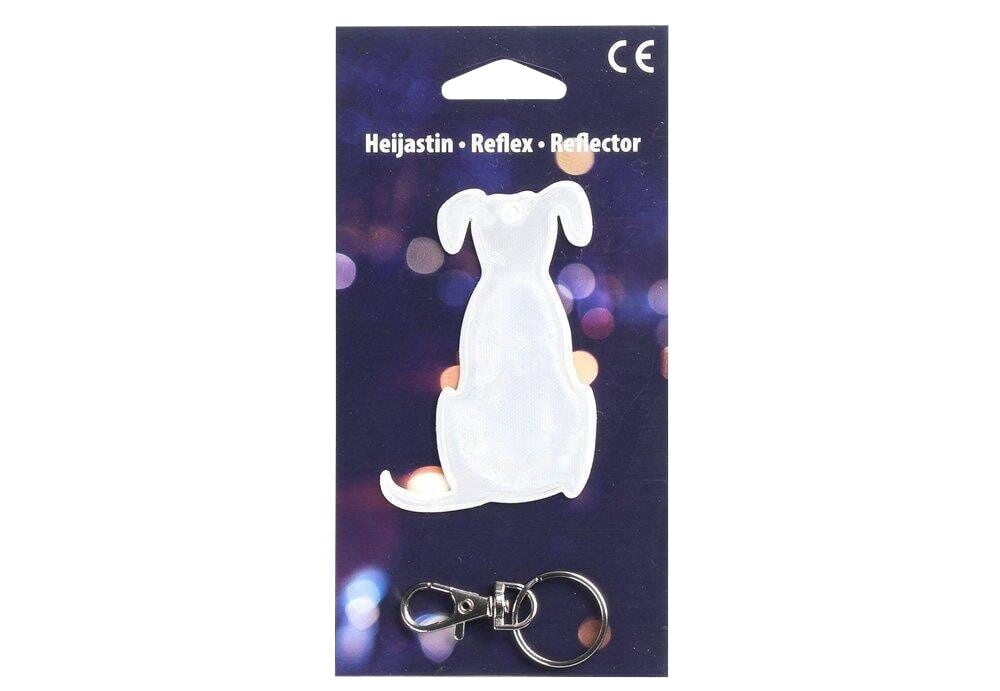 Istuvan koiran muotoinen heijastin avaimenperällä.