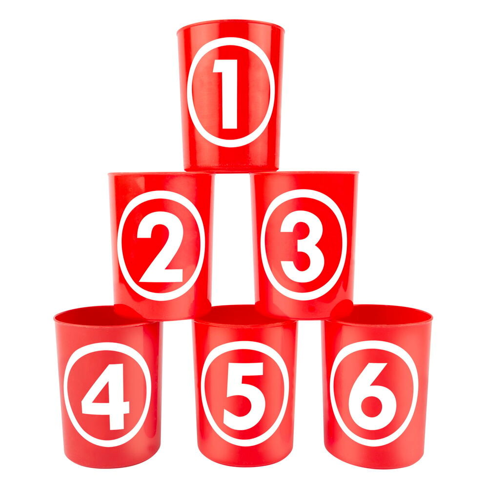 Kuusi punaista purkkia numeroin pyramidissa.