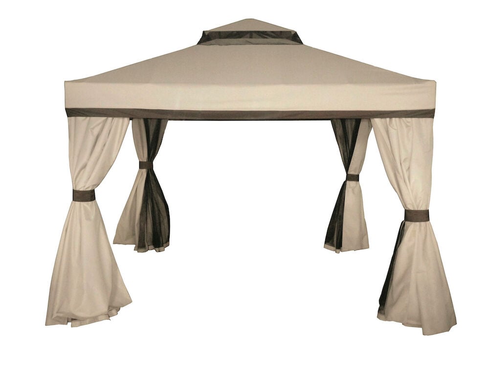 Beige paviljonkikate, jossa solmitut sivuverhot.