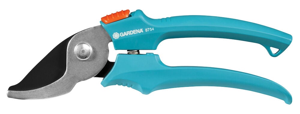 Sininen oksasakset ergonomisella kahvalla ja mustalla terällä.