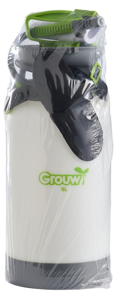 Valkoinen puutarharuisku, jossa on vihreä muovipumppu.