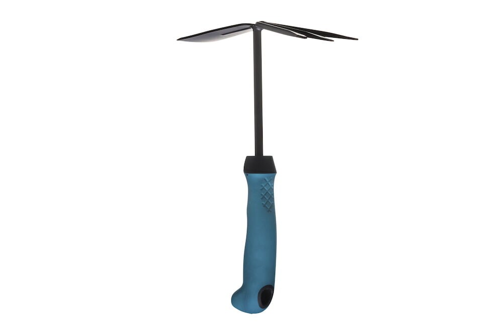 Puupuutarhatalikko sinisellä kahvalla ja mustalla päällä.