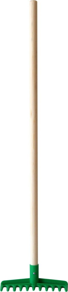 Vihreä muovi harava, jossa vaalea puuvarsi.