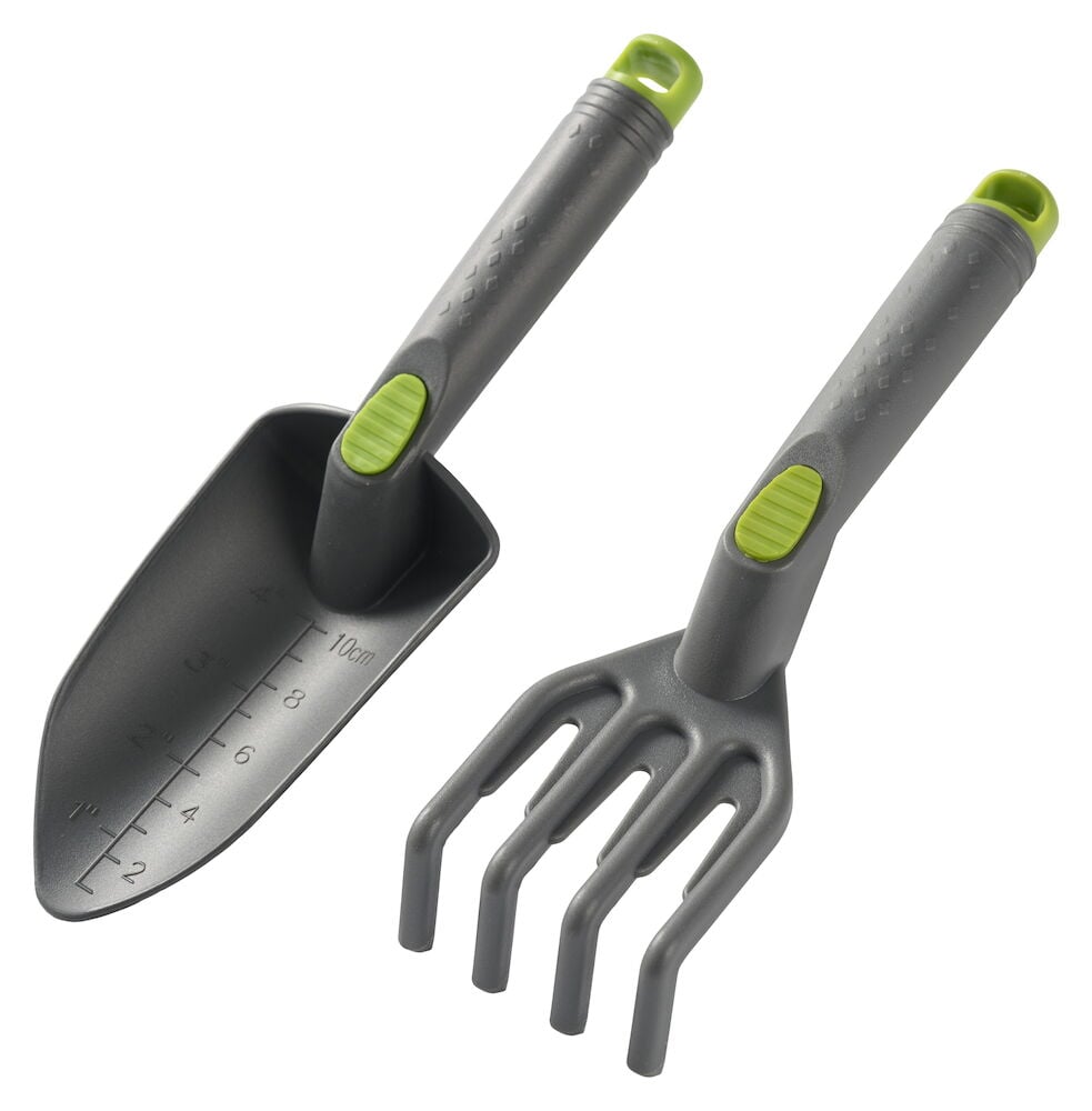 Istutuslapio ja käsikultivaattori ergonomisilla kahvoilla.