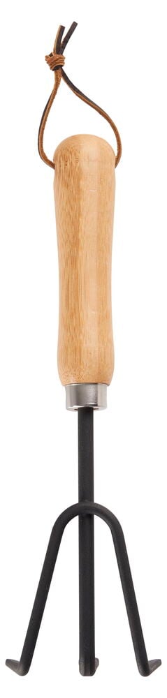 Bambukahvalla ja nahkahihnalla varustettu käsikultivaattori.