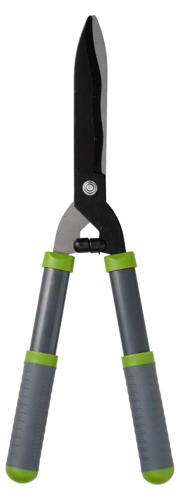 Käsikäyttöinen pensasleikkuri harmailla ja vihreillä kahvoilla.