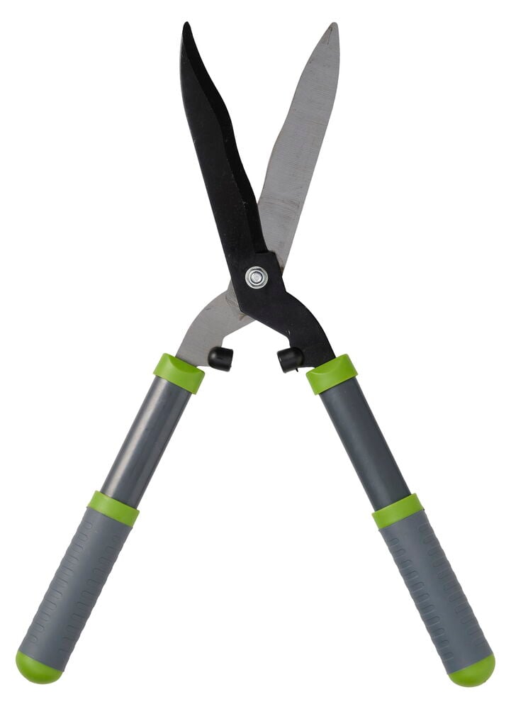 Pensasleikkuri, jossa on harmaat ja vihreät kahvat.