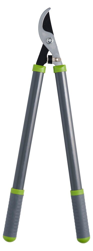 Harmaa kuorimissakset vihreällä kahvalla ja ohitusleikkurilla.