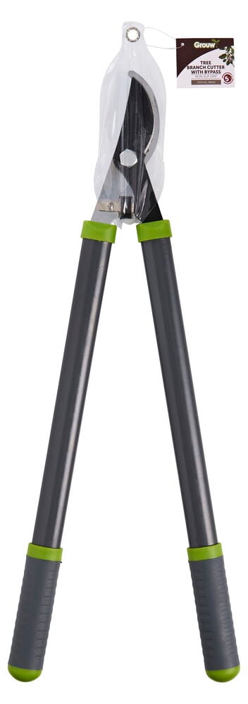 Ohitus oksasakset mustilla kahvoilla ja vihreillä yksityiskohdilla.