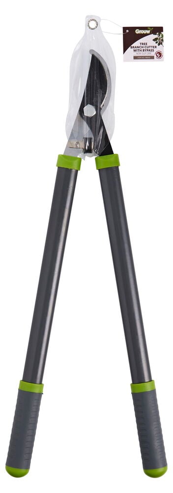 Teleskooppiset raivaussakset harmailla kahvoilla ja vihreillä yksityiskohdilla.