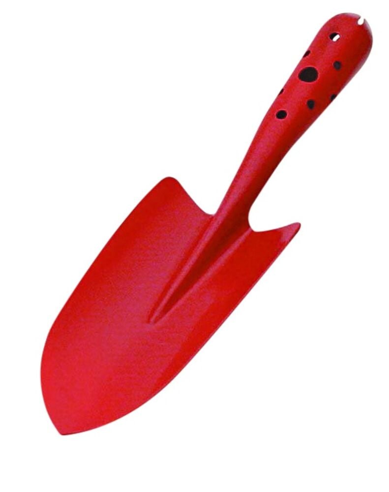Punainen metallinen istutuslapio terävällä terällä.