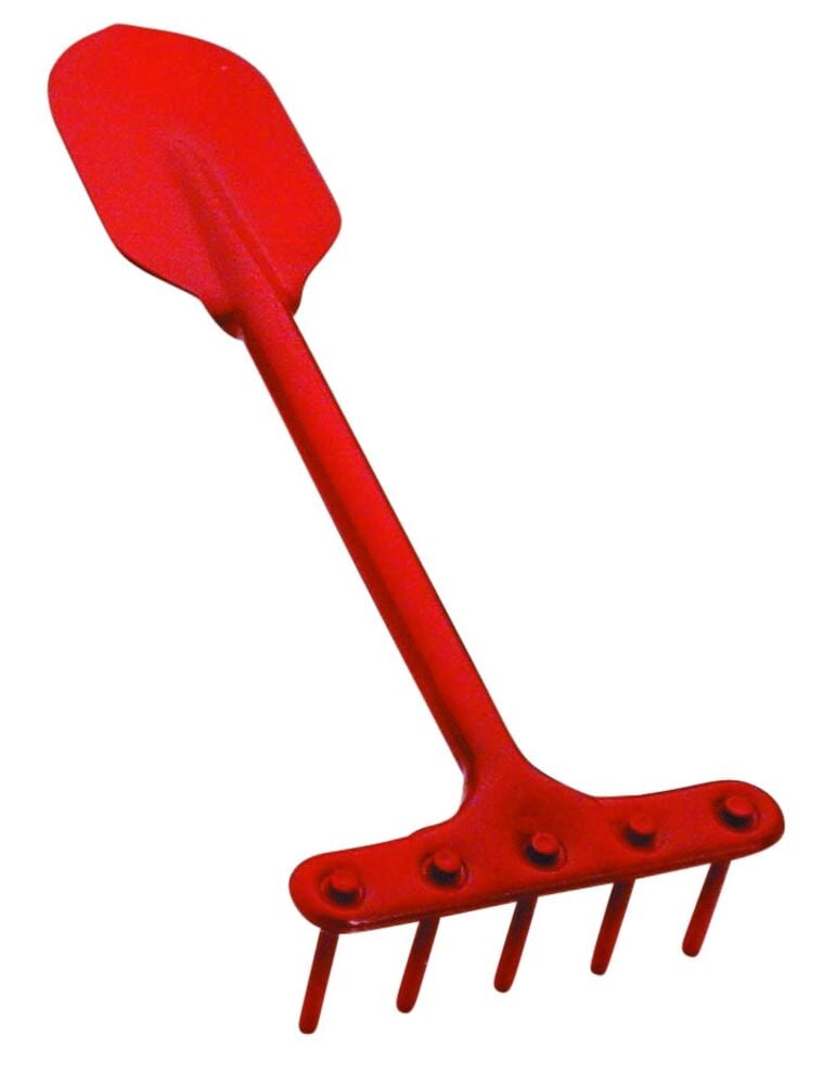 Punainen yhdistetty istutuslapio ja harava puutarhaan.