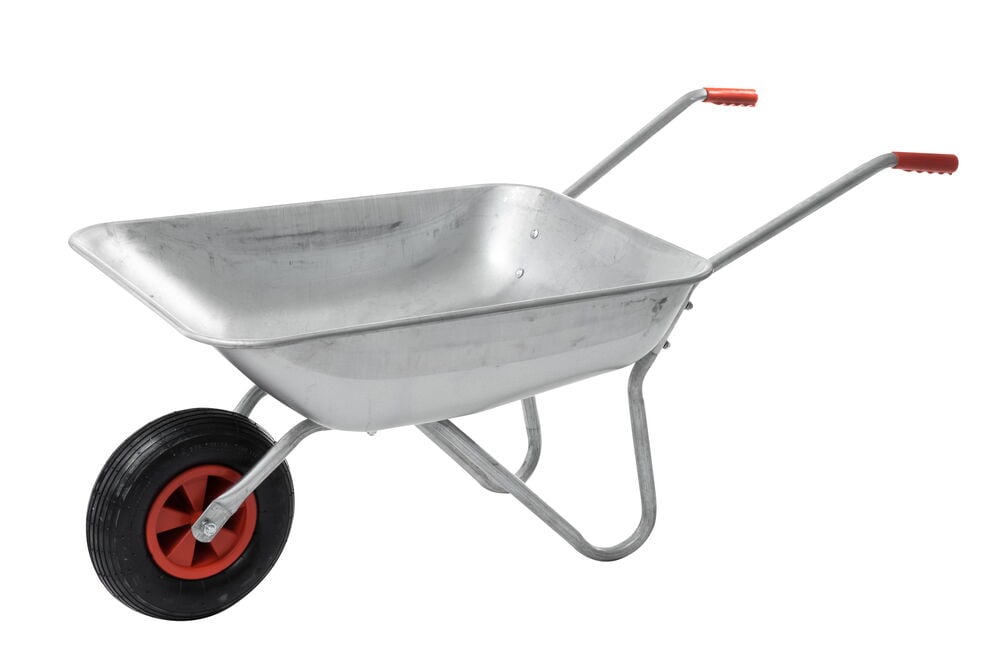 Metallinen kottikärry mustalla pyörällä ja punaisilla kahvoilla.