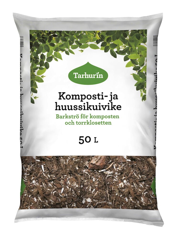 Valkoinen säkki kuorihaketta kompostille ja kuivakäymälälle.