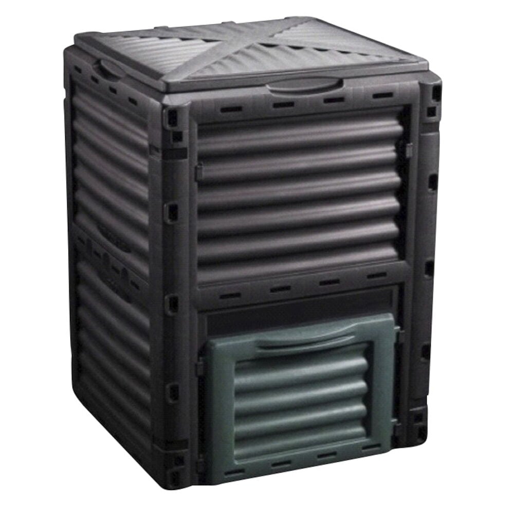 Musta kompostiastia, jossa on vihreä luukku ja kansi.