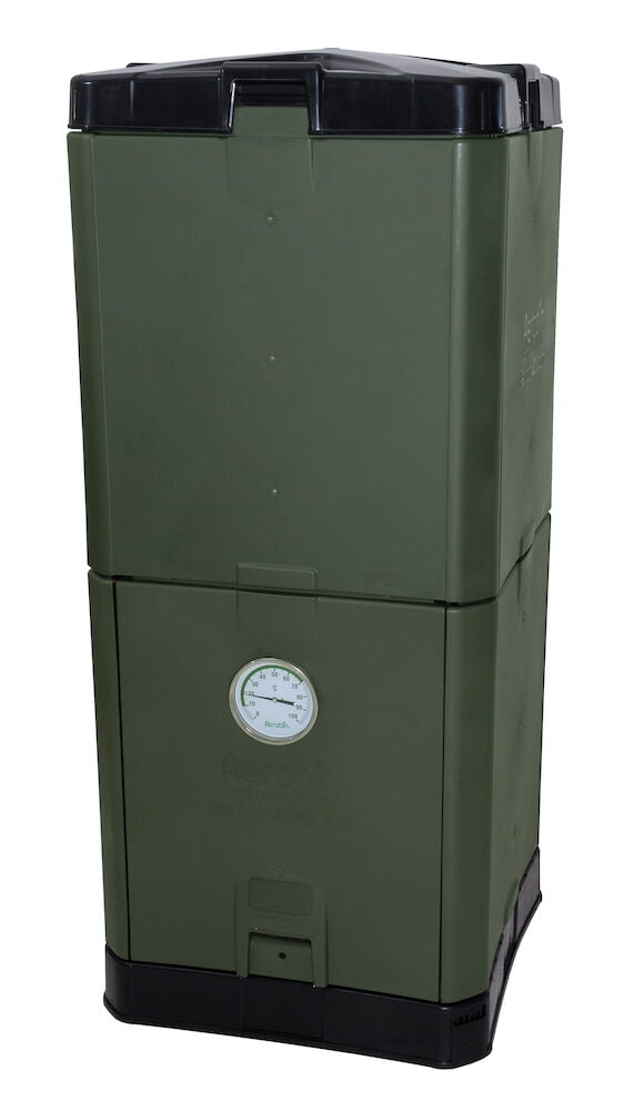 Vihreä lämpökompostori, jonka etuosassa on lämpömittari.