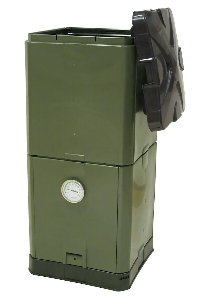 Vihreä eristetty kompostiastia, jossa avattava kansi ja lämpömittari.