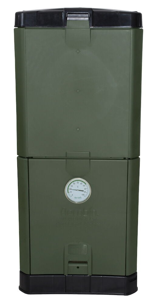 Vihreä terminen kompostiastia sisäänrakennetulla lämpömittarilla.