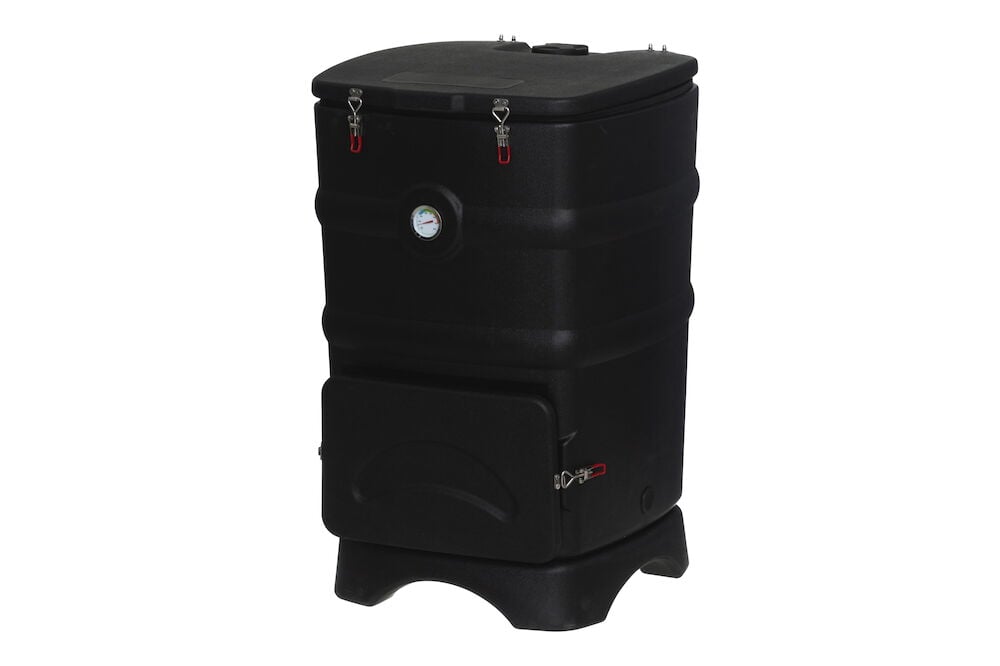 Musta terminen kompostiastia, jossa on lämpömittari ja kansi.