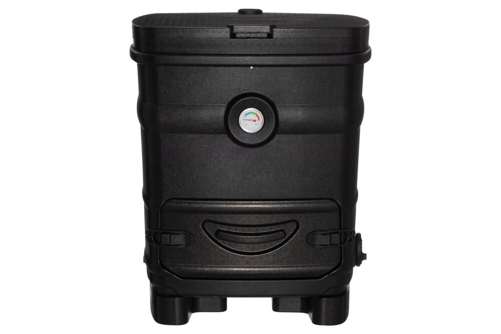 Musta termokompostori, jossa on lämpömittari ja ilmanvaihtoventtiilit.