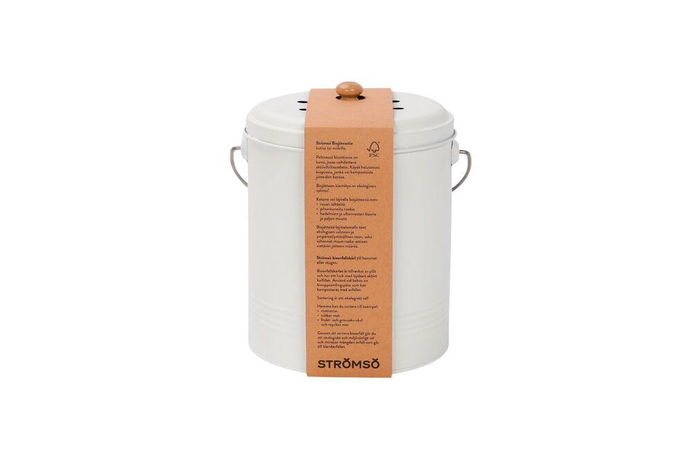 Valkoinen kompostiastia, jossa on kansi ja kahva.