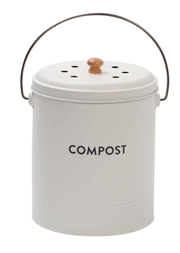 Valkoinen kompostiastia kannella ja kahvalla.