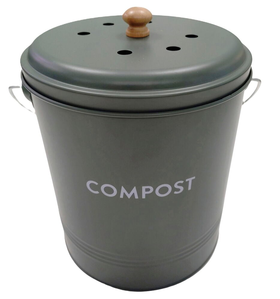 Tummanvihreä Strömsö 4 l Bioastia sisäastialla, puunupillisella kannella, ilmarei'illä ja "COMPOST"-tekstillä.