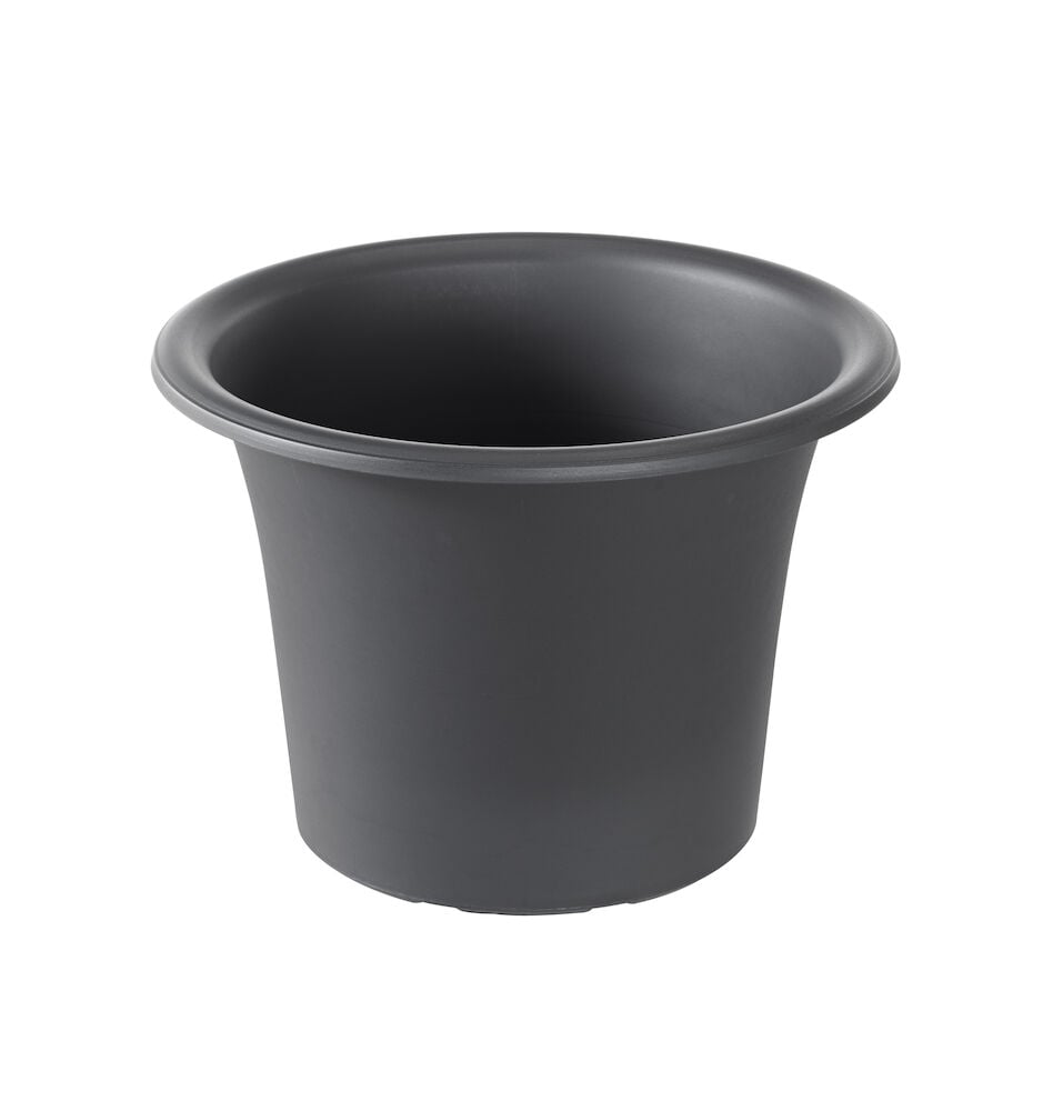 Musta muoviruukku, jossa on leveä reuna ja sileä pinta.