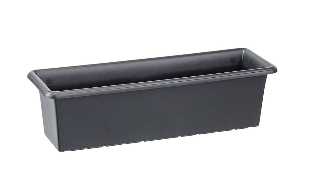 Musta suorakulmainen parvekeruukku, jossa on leveä reuna.