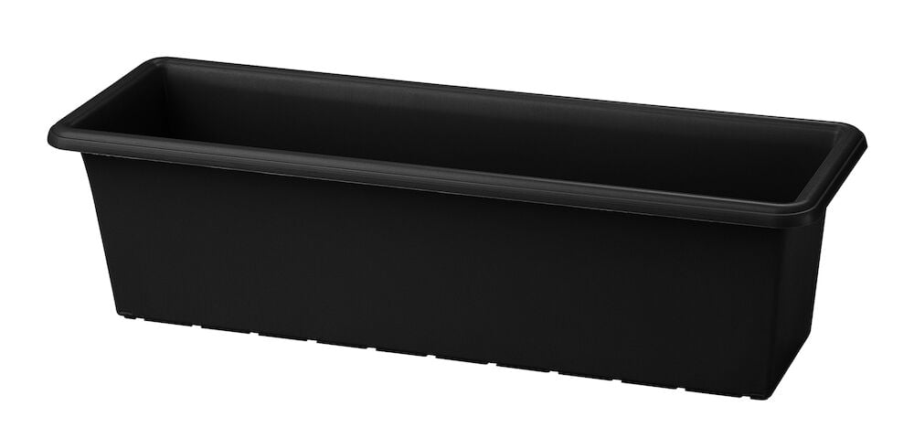 Musta suorakaiteen muotoinen parvekelaatikko kierrätysmuovista.