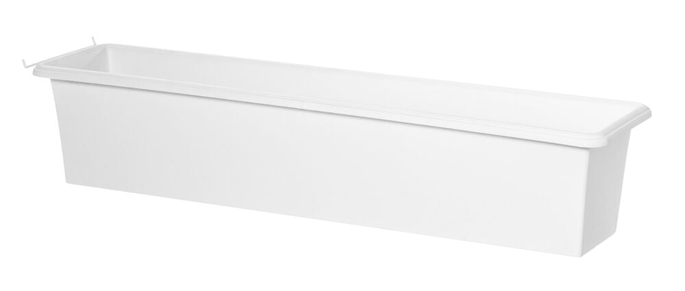 Valkoinen suorakulmainen parvekelaatikko kierrätetystä muovista.