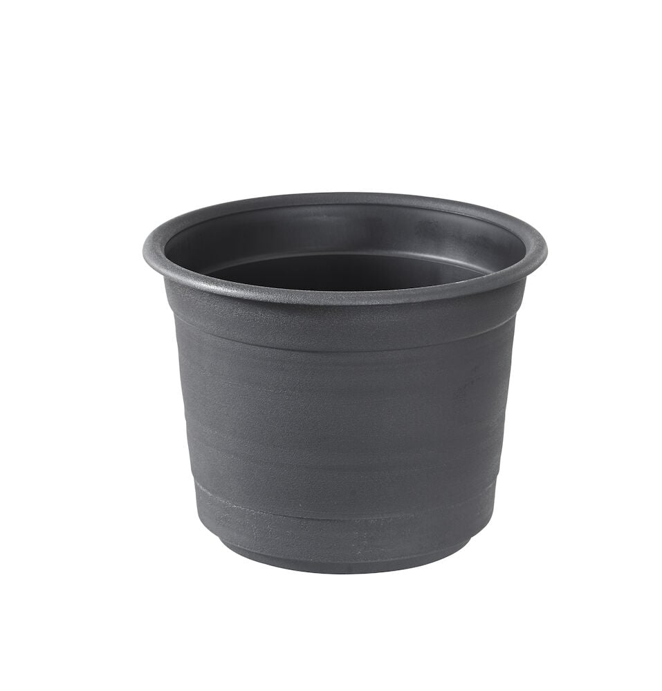 Musta muoviruukku, jossa on aidon tuntuinen pinta ja pyöreä muoto.