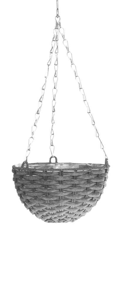 Harmaa pyöreä roikkuva amppeli ketjulla.