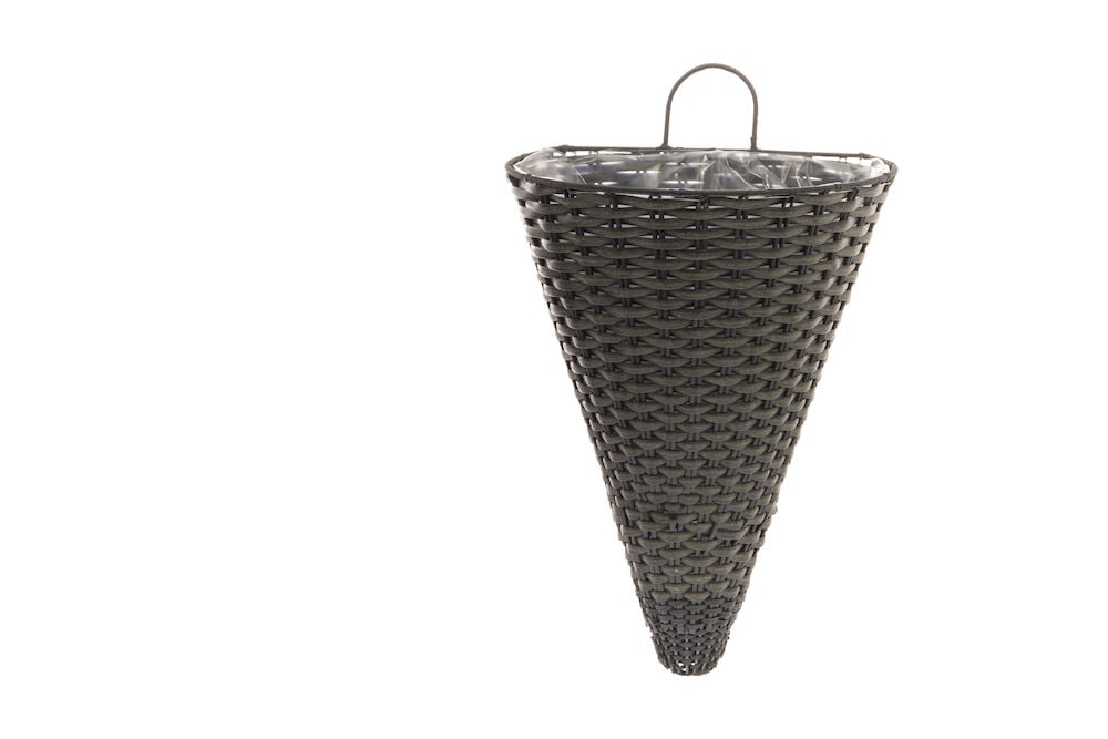 Kartionmuotoinen musta seinäruukku punotulla tyylillä.