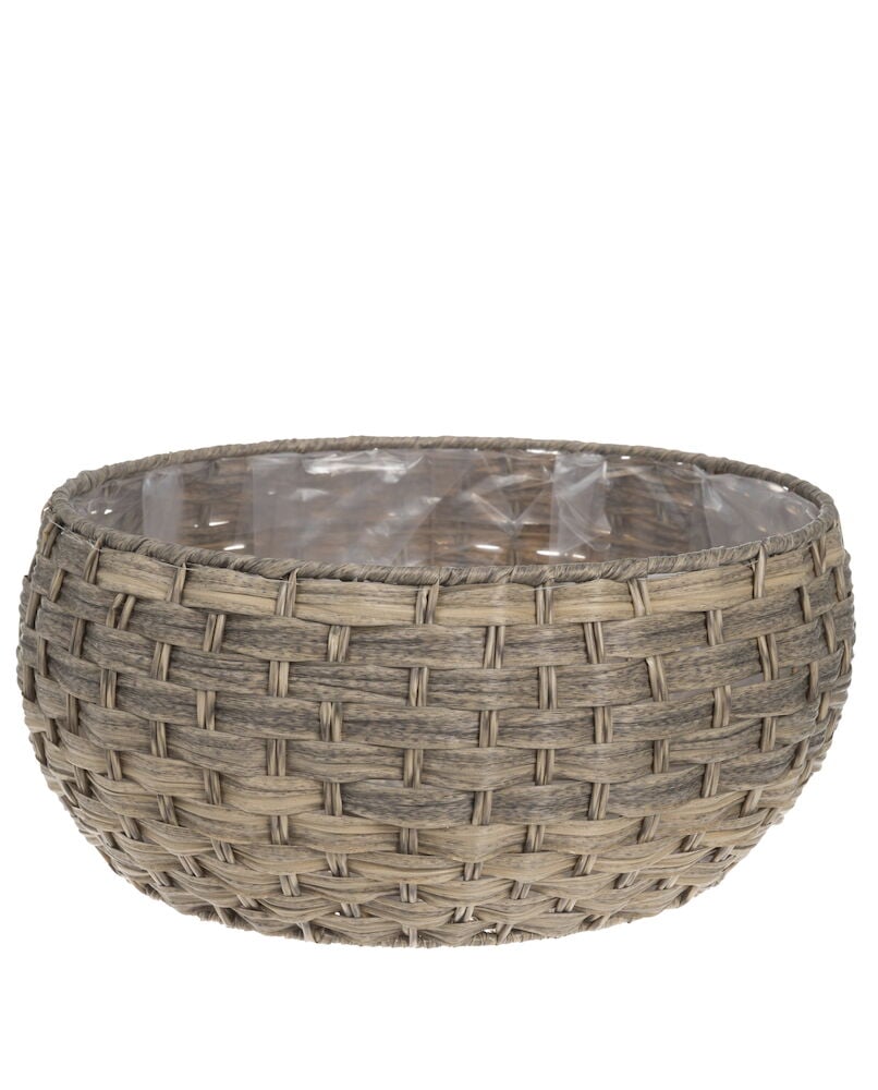 Matala beige istutuskori punotulla muotoilulla.