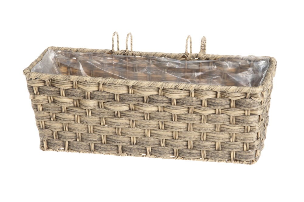 Suorakaiteen muotoinen parvekelaatikko punottua rottinkia, jossa muovi-insats.