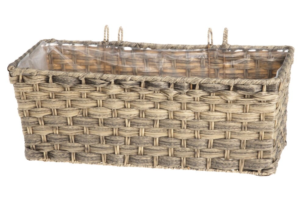 Suorakulmainen parvekelaatikko punottua luonnonväristä rottinkia.