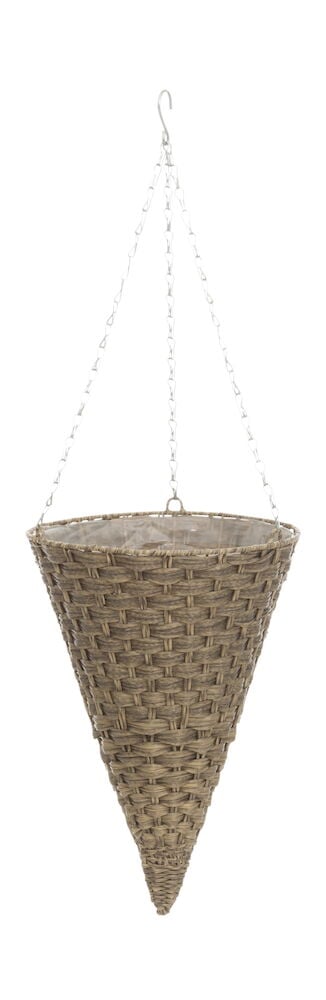 Ruskea kartion muotoinen roikkuva koriampeli ketjulla.