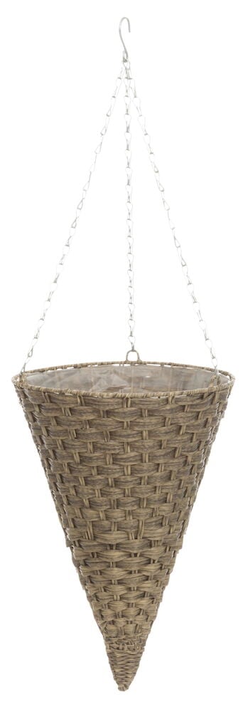 Ketjun kanssa muotoon punottu roikkuva kori.