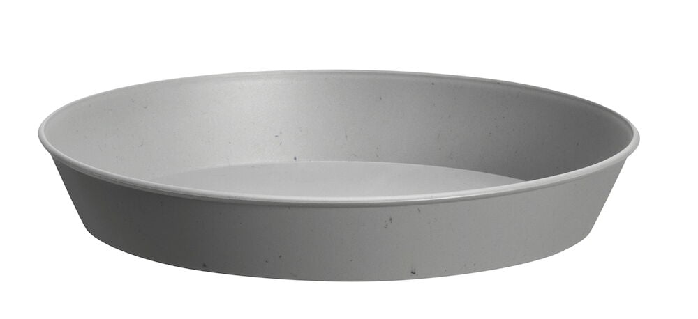 Harmaa muovinen viljelyalusta, jossa on matala pyöreä reuna.