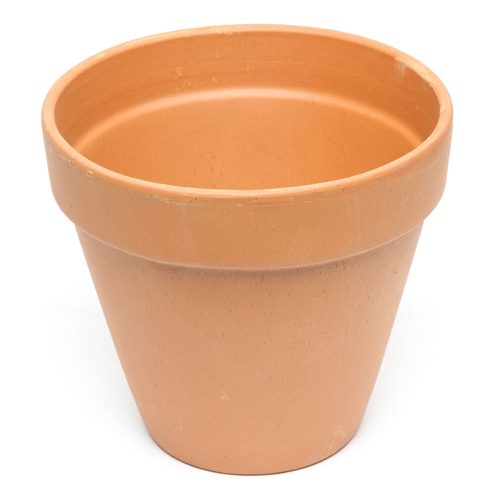 Pyöreä terrakotanvärinen saviruukku, jossa on reunus.