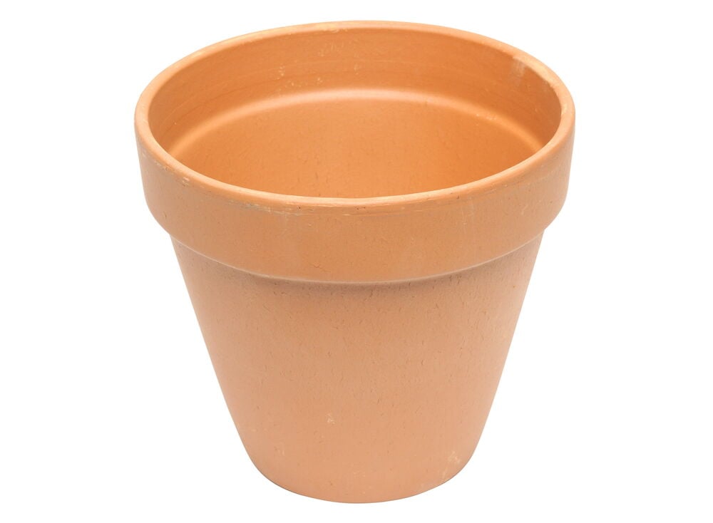 Lasittamaton saviruukku, jossa leveä reuna ja sileä pinta.