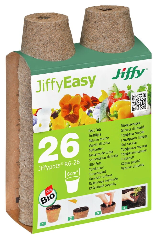 26 pyöreää ruskeaa biopurkkia pinotussa pakkauksessa.