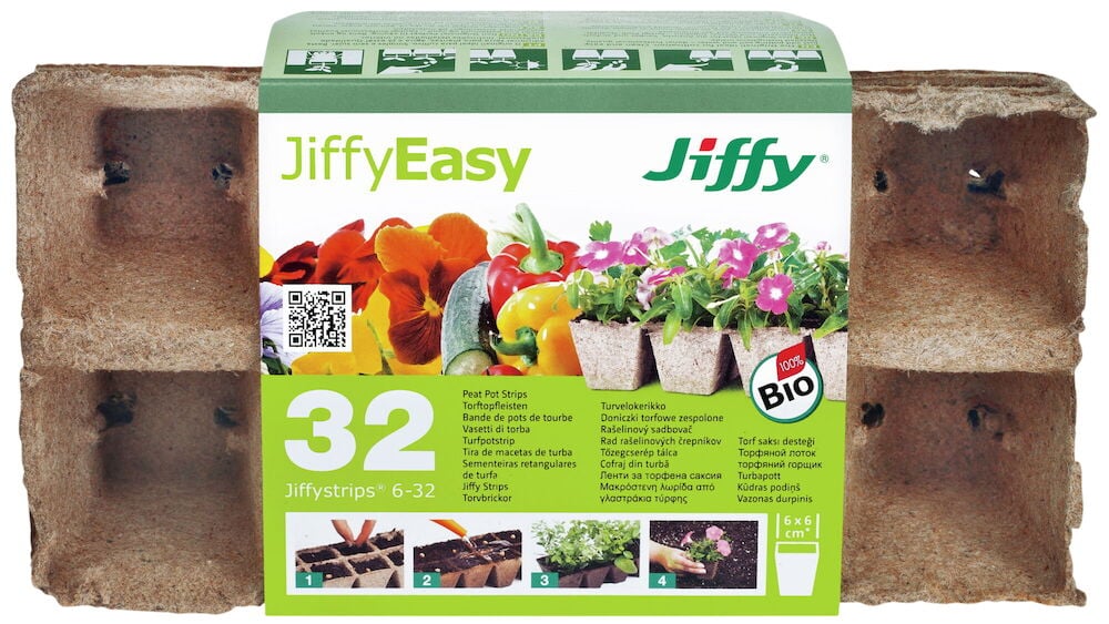 Neljä riviä ruskeita, neliönmuotoisia biopotteja.