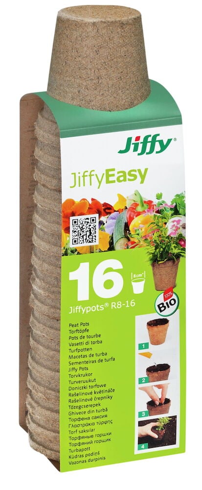 Pino pyöreitä ruskeita biohajoavia ruukkuja pakkauksessa.