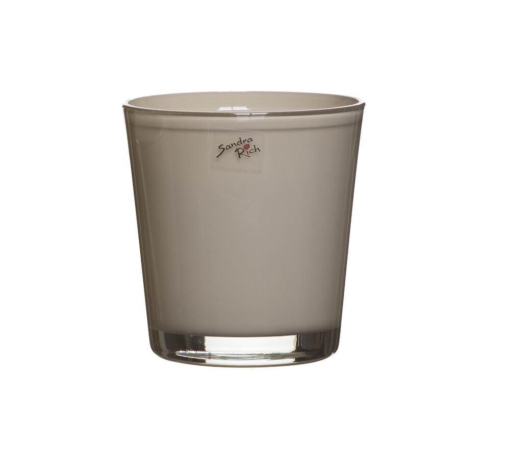 Harmaa pyöreä orkidearuukku, jossa sileä kiiltävä pinta.