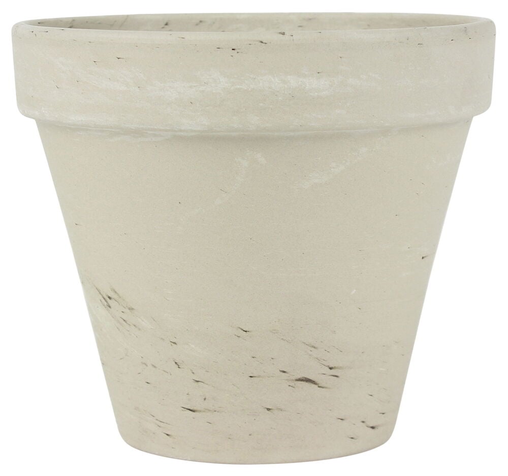 Vaaleanharmaa lasittamaton saviruukku, jossa on pyöreä aukko.