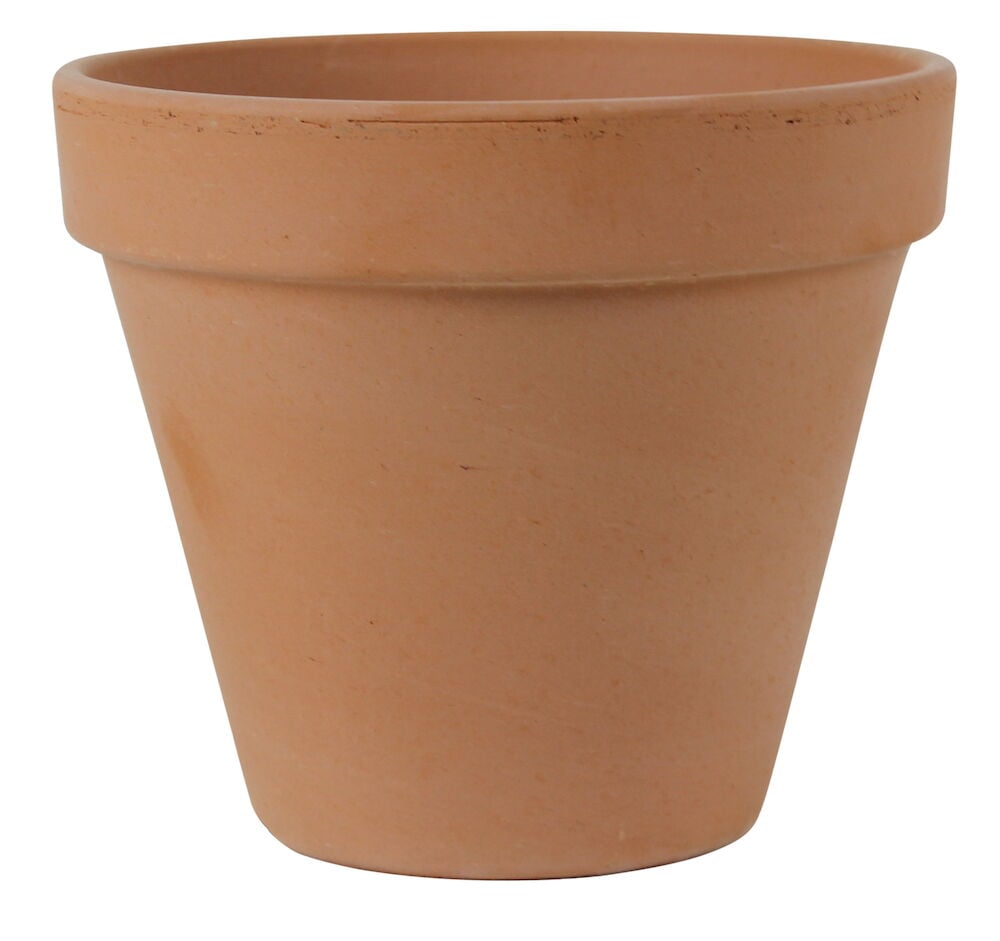 Ruskea lasittamaton terrakottaruukku, jossa on pyöreä reuna.
